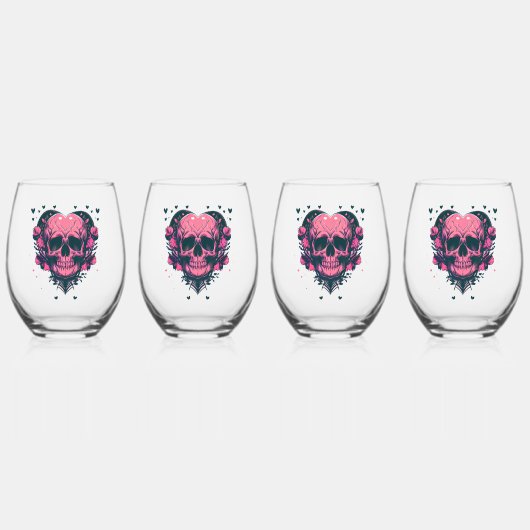 レトロレッドローズブラックハートスカル ステムなしワイングラス (正面)