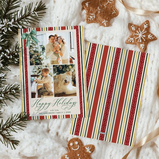 レトロレッド金ゴールドストライプズボウハッピーホリデー3写真 シーズンカード