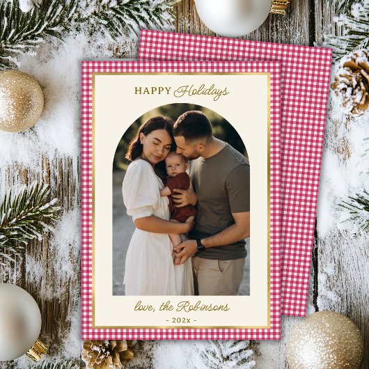 レトロレッド金ゴールドプレイドアーチフォトクリスマスハッピー シーズンカード