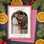 レトロレッド金ゴールドプレイドアーチフォトクリスマスハッピー シーズンカード