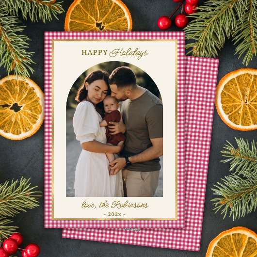 レトロレッド金ゴールドプレイドアーチフォトクリスマスハッピー シーズンカード