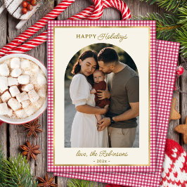 レトロレッド金ゴールドプレイドアーチフォトクリスマスハッピー シーズンカード