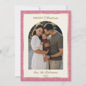 レトロレッド金ゴールドプレイドアーチフォトメリークリスマス シーズンカード (正面)