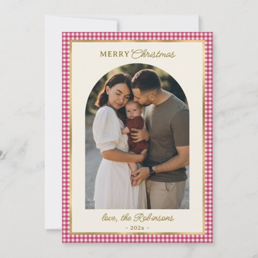 レトロレッド金ゴールドプレイドアーチフォトメリークリスマス シーズンカード (正面)