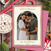レトロレッド金ゴールドプレイドアーチフォトメリークリスマス シーズンカード