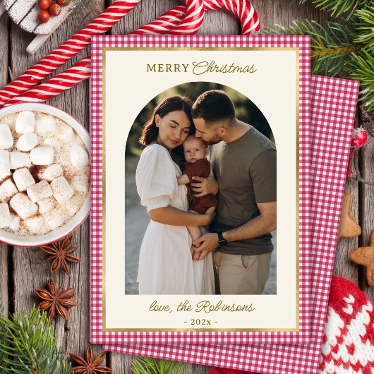 レトロレッド金ゴールドプレイドアーチフォトメリークリスマス シーズンカード