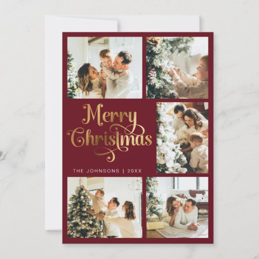 レトロレッド&エレガント金ゴールドメリークリスマスファミリー シーズンカード (正面)