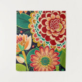 レトロレッド、オレンジ、グリーンフローラ、ボホ、ヒッピー タペストリー (正面)