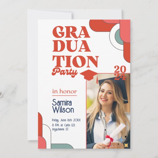 レトロレッド&ホワイト卒業パーティー招待状 招待状 (正面)