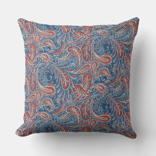 レトロレッド、ホワイト、ブルーのペイズリーパターン クッション (正面)