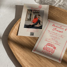 レトロレッドQRコード手描き書写真結婚の