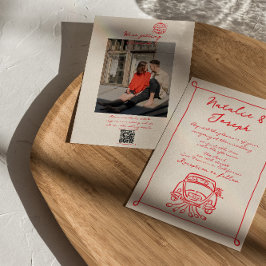 レトロレッドQRコード手描き書写真結婚の 招待状