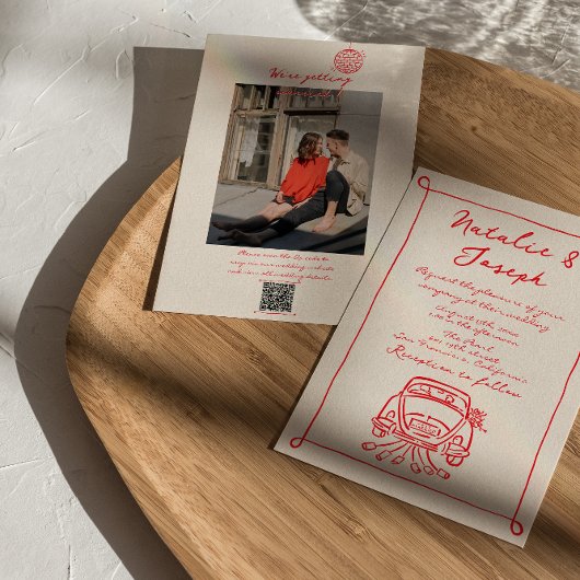 レトロレッドQRコード手描き書写真結婚の 招待状