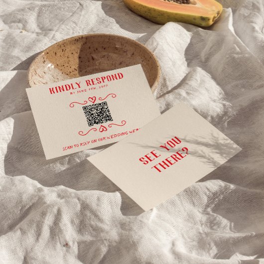 レトロレッドQRコード手書き予測できな結婚の 出欠カード