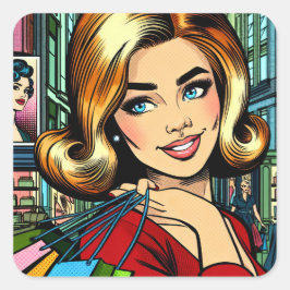 レトロレディとショッピングバッグミッドセンチュリー スクエアシール