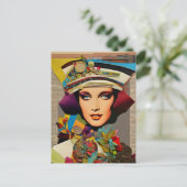 レトロレディカラフルミックスメディアコラージュ抽象芸術 ポストカード (スタンド正面)