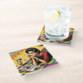 レトロレディーアットビーチデイドレミングファッション ガラスコースター (アングル)