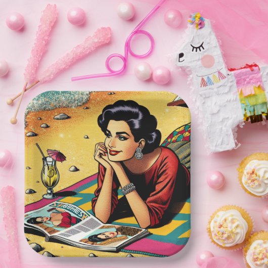 レトロレディーアットビーチデイドレミングファッション ペーパープレート (パーティー)