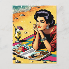 レトロレディーアットビーチデイドレミングファッション ポストカード