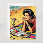 レトロレディーアットビーチデイドレミングファッション ポストカード (正面/裏面)