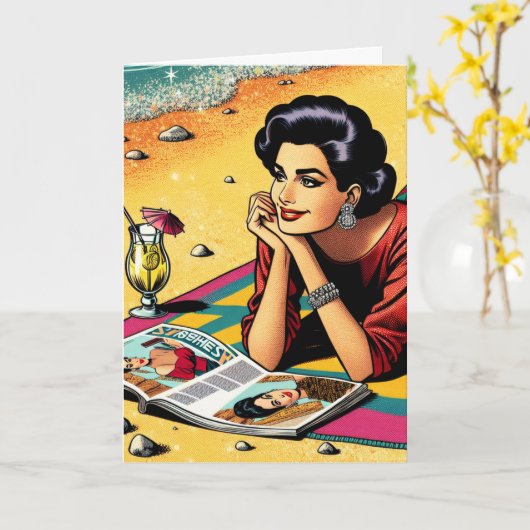 レトロレディーアットビーチデイドレミング誕生日 カード (黄色い花)