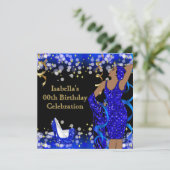 レトロレディーブルー金ゴールドグリッターハイヒール誕生日 招待状 (スタンド正面)