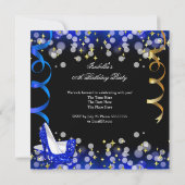 レトロレディーブルー金ゴールドグリッターハイヒール誕生日 招待状 (裏面)