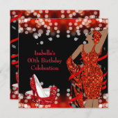 レトロレディーレッドグリッターハイヒールバースデーパーティー 招待状 (正面/裏面)