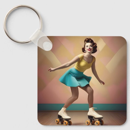 レトロレディーローラスケートで滑る後方へ キーホルダー (正面)