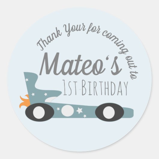 レトロレーシングカームーンスターズファースト誕生日クラス ラウンドシール (正面)