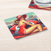 レトロレーシングピンアップ スクエアペーパーコースター (アングル)