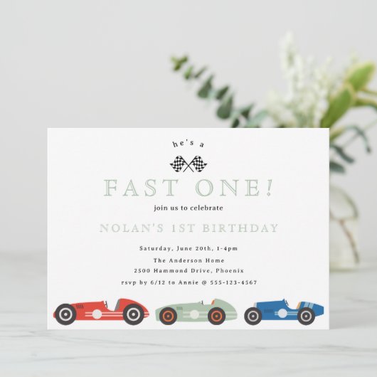 レトロレースカーファーストワンテーマ誕生日 招待状 (スタンド正面)
