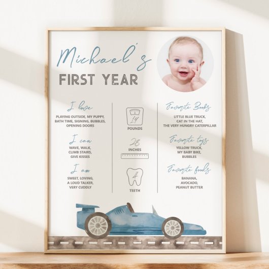 レトロレースカー写真マイルストーンサイン ポスター