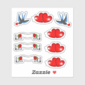 レトロロカビリースワローズハートとバラ シール (シート)