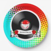 レトロロカビリーハート&バラビニールレコードスタイル ペーパープレート (正面)