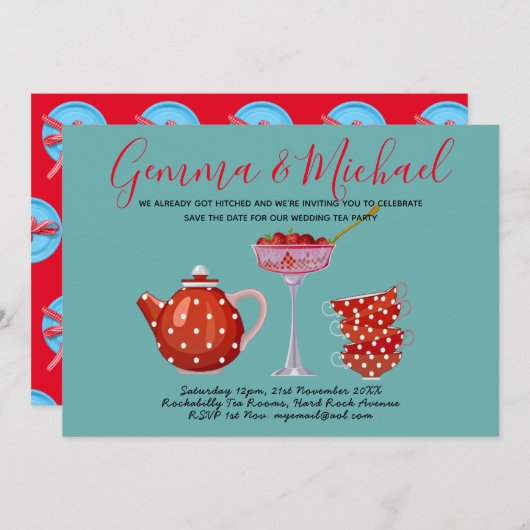 レトロロカビリー結婚の紅茶パーティー1950年代ヴィンテージ 招待状 (正面/裏面)