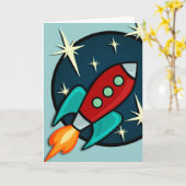 レトロロケットの船の縦の挨拶状 カード (黄色い花)