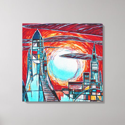 レトロロケットカラフル宇宙探査プリント キャンバスプリント (正面)