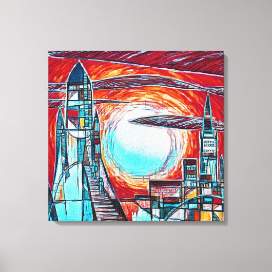 レトロロケットカラフル宇宙探査プリント キャンバスプリント (正面)