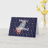 レトロロケットシップ&スターハッピーバースデー カード (黄色い花)