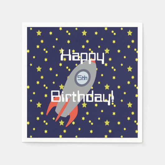 レトロロケットシップ&スターハッピーバースデー スタンダードカクテルナプキン (正面)