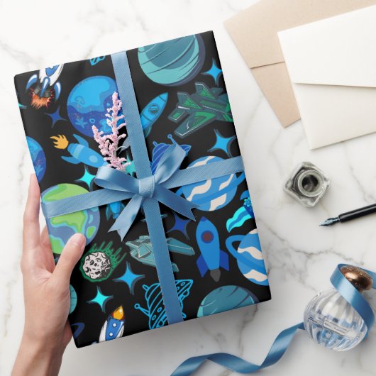 レトロロケット宇宙.ブラックBG ラッピングペーパー (ギフト)