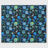 レトロロケット宇宙.ブラックBG ラッピングペーパー (フラット)