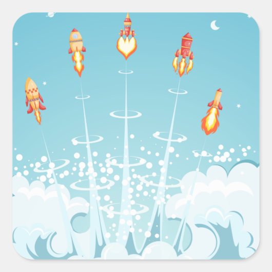 レトロロケット船打ち上げ未来的宇宙アート スクエアシール (正面)