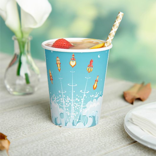 レトロロケット船打ち上げ未来的宇宙アート 紙コップ