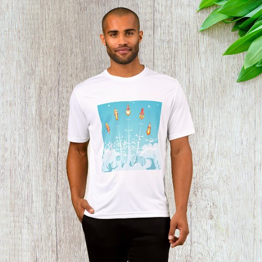 レトロロケット船打ち上げ未来的宇宙アート Tシャツ