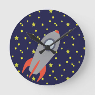 レトロロケット船（星型背景） ラウンド壁時計