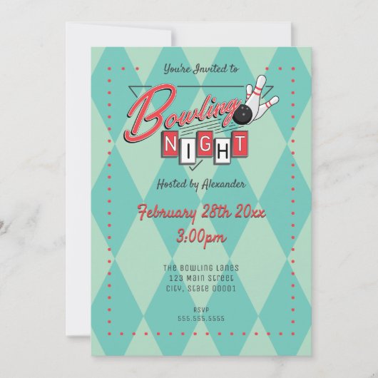レトロロゴボウリングナイト招待状 招待状 (正面)