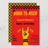 レトロロックミュージック赤い黄色のベビーシャワー 招待状 (正面/裏面)