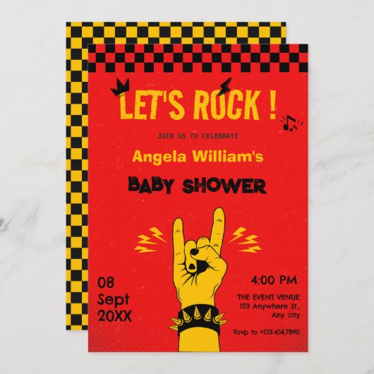 レトロロックミュージック赤い黄色の誕生日 招待状 (正面/裏面)